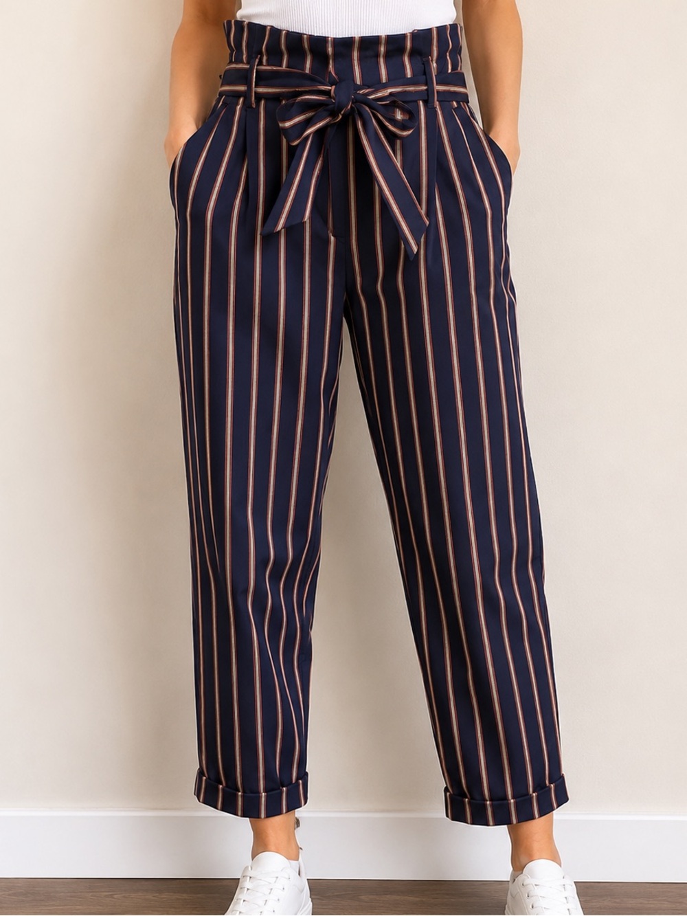 Zara High Rise Paperbag Tie Waist Striped Cropped Trousers Blue Women’s Small